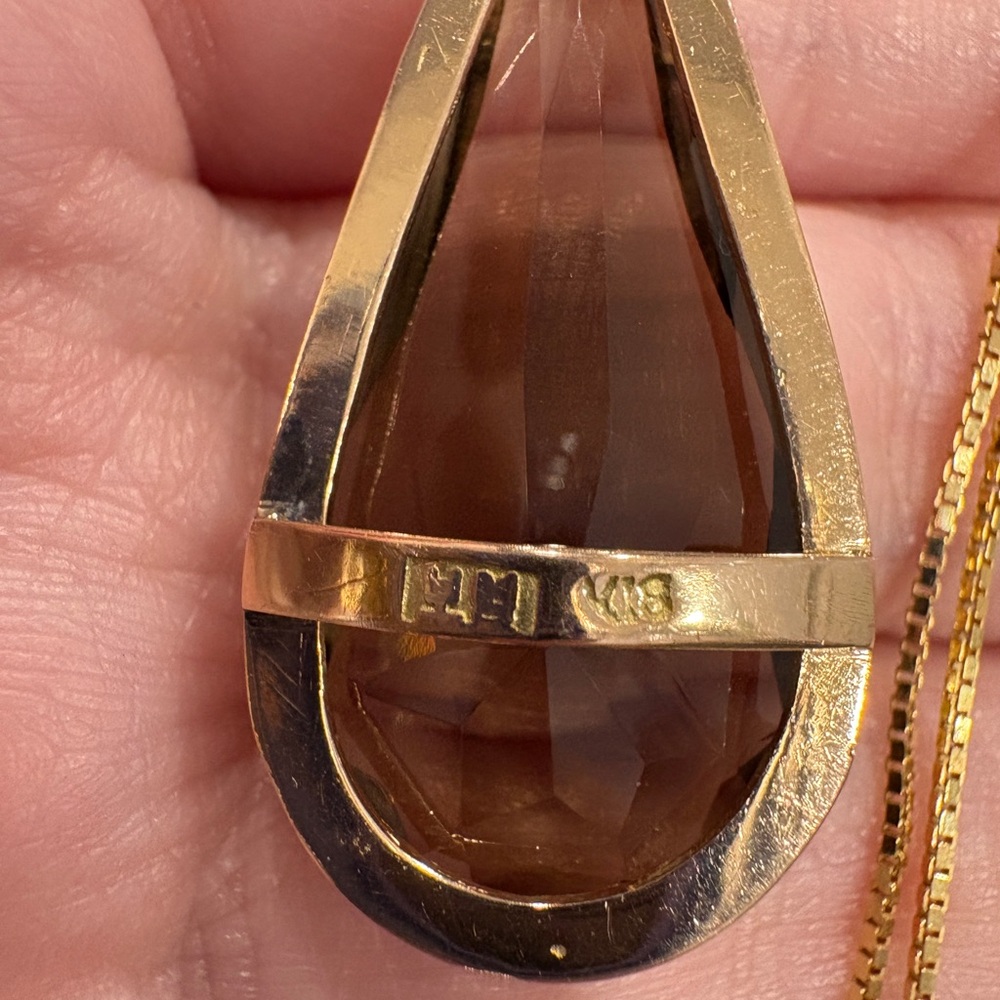Vintage Smoky Quartz 18K Yellow Rose Gold Pendant Mid-Century Teardrop Solitaire - Picture 10 of 13